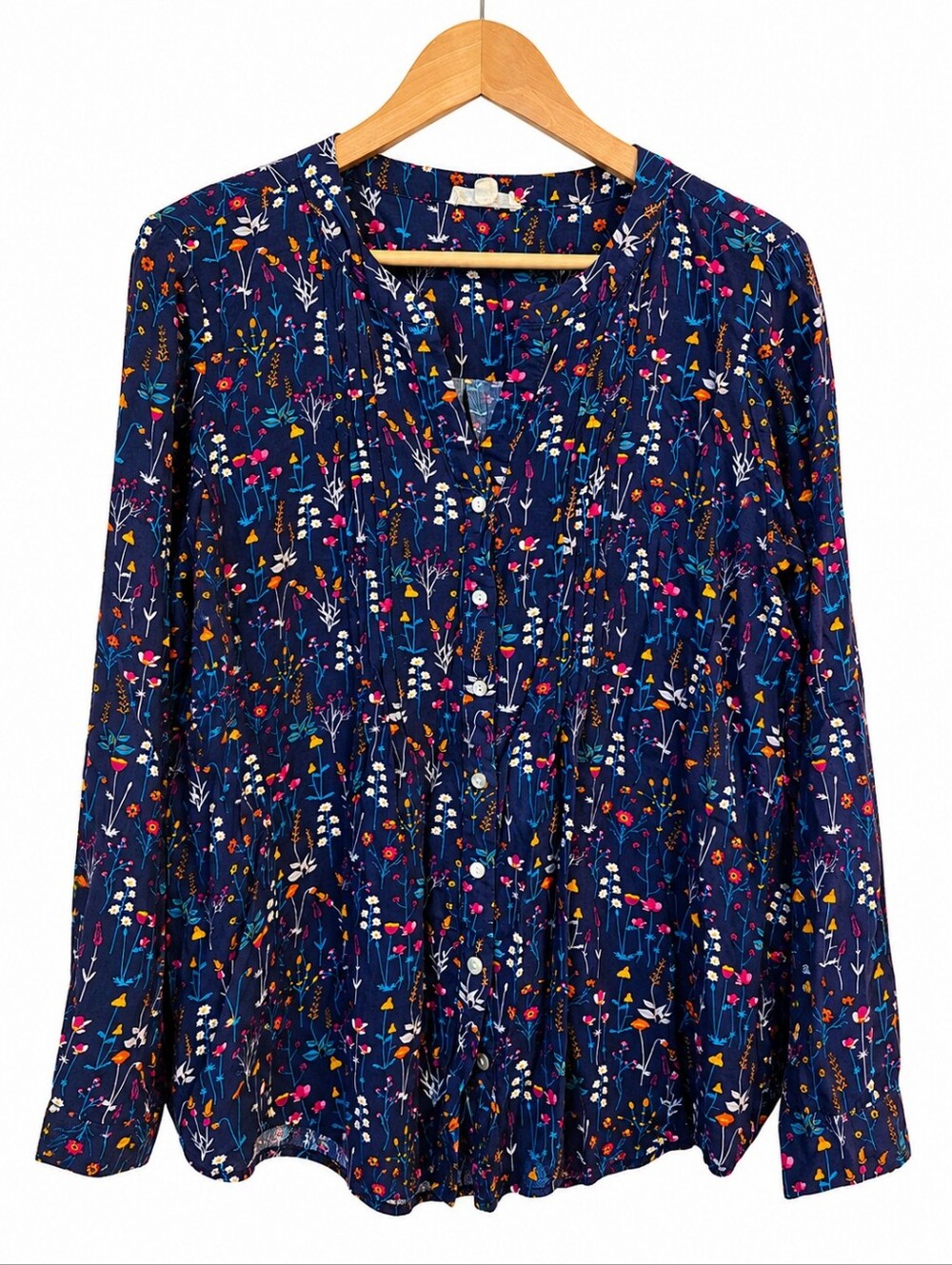 Jane & Delancey Navy Floral Button Front Rayon Blouse Sz Large Boho Cottagecore